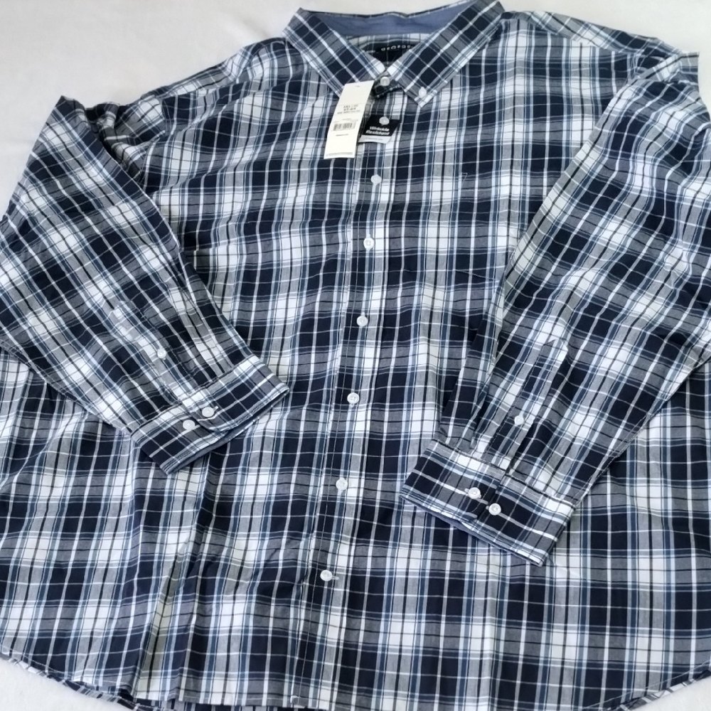 George Navy and White Plaid Button-Down Shirt 5XL NWT